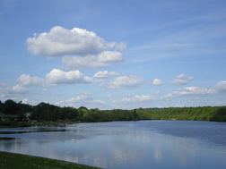 Looking across the lake to the beach at Ruislip Lido